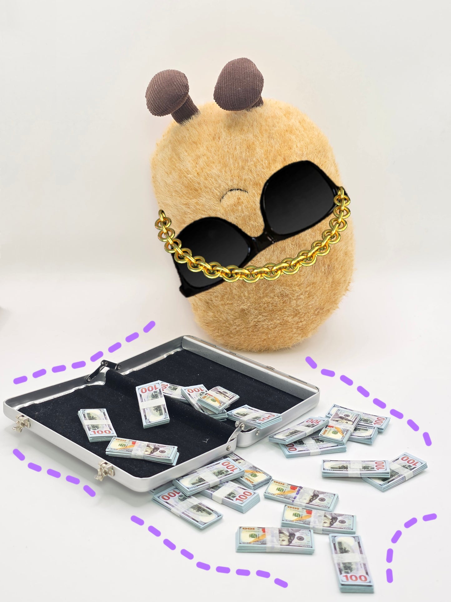 stuffed animal with sunglasses and a briefcase full of money on a white background