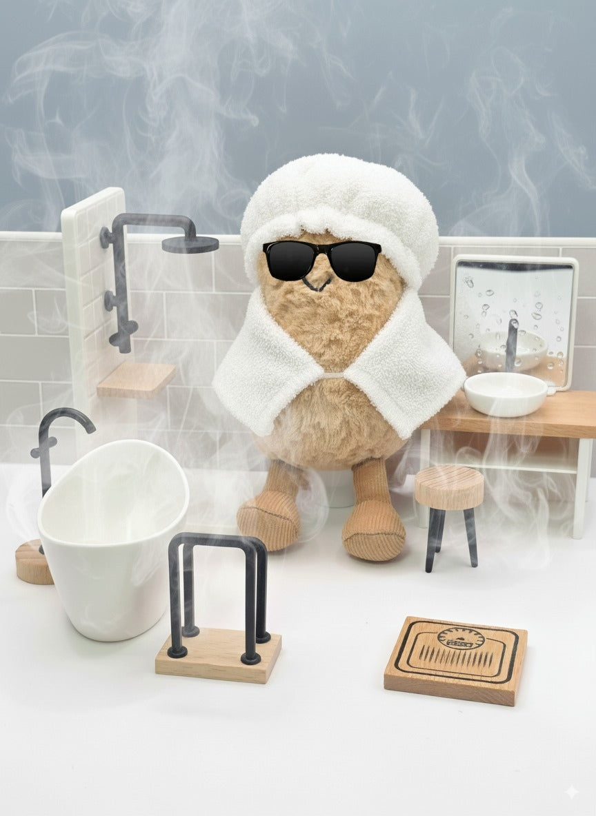 Stuffed animal in a bathrobe and sunglasses standing in a bathtub with a coffee-themed setup.