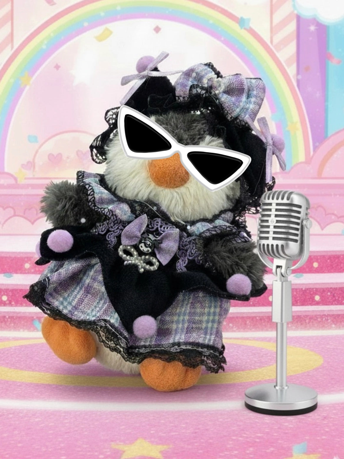 Stuffed animal in a costume with sunglasses and a microphone on a colorful background