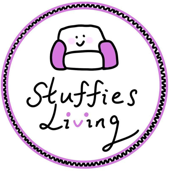 Logo of 'Stuffies Living' with a cartoon chair inside a purple circle.