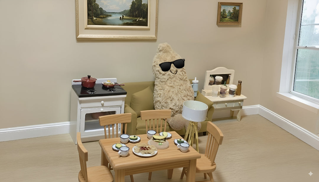 Miniature kitchen setup with a stuff animal sitting at a sofa.