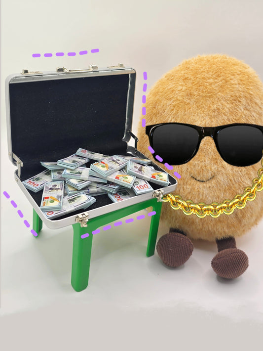 stuffed animal  with sunglasses and gold chain next to an open briefcase filled with money.