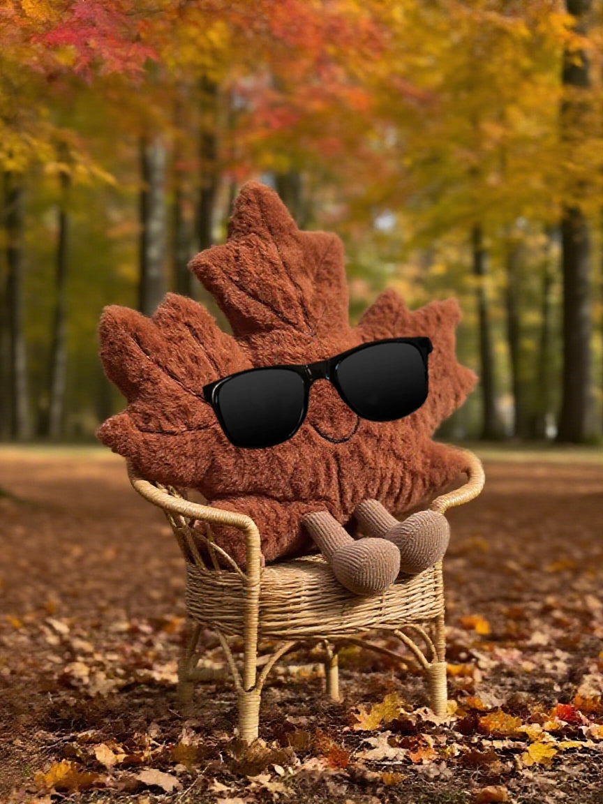 stuffed animal with sunglasses and heart-shaped object on a chair in an autumn setting