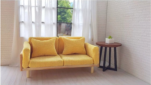 Miniature wooden doll sofa in ginger yellow, minimalist Japanese style